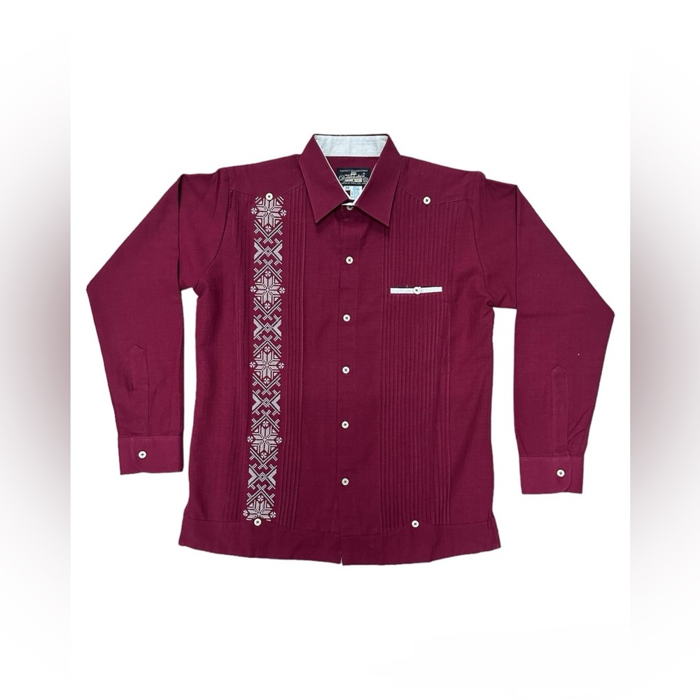 Men’s Linen Burgundy Guayabera with Tan Embroidery Long Sleeve